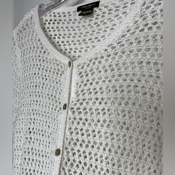White Open Stitch Button Down Cardigan Sweater 100% Cotton Crochet Knit Sz M - Picture 3 of 7